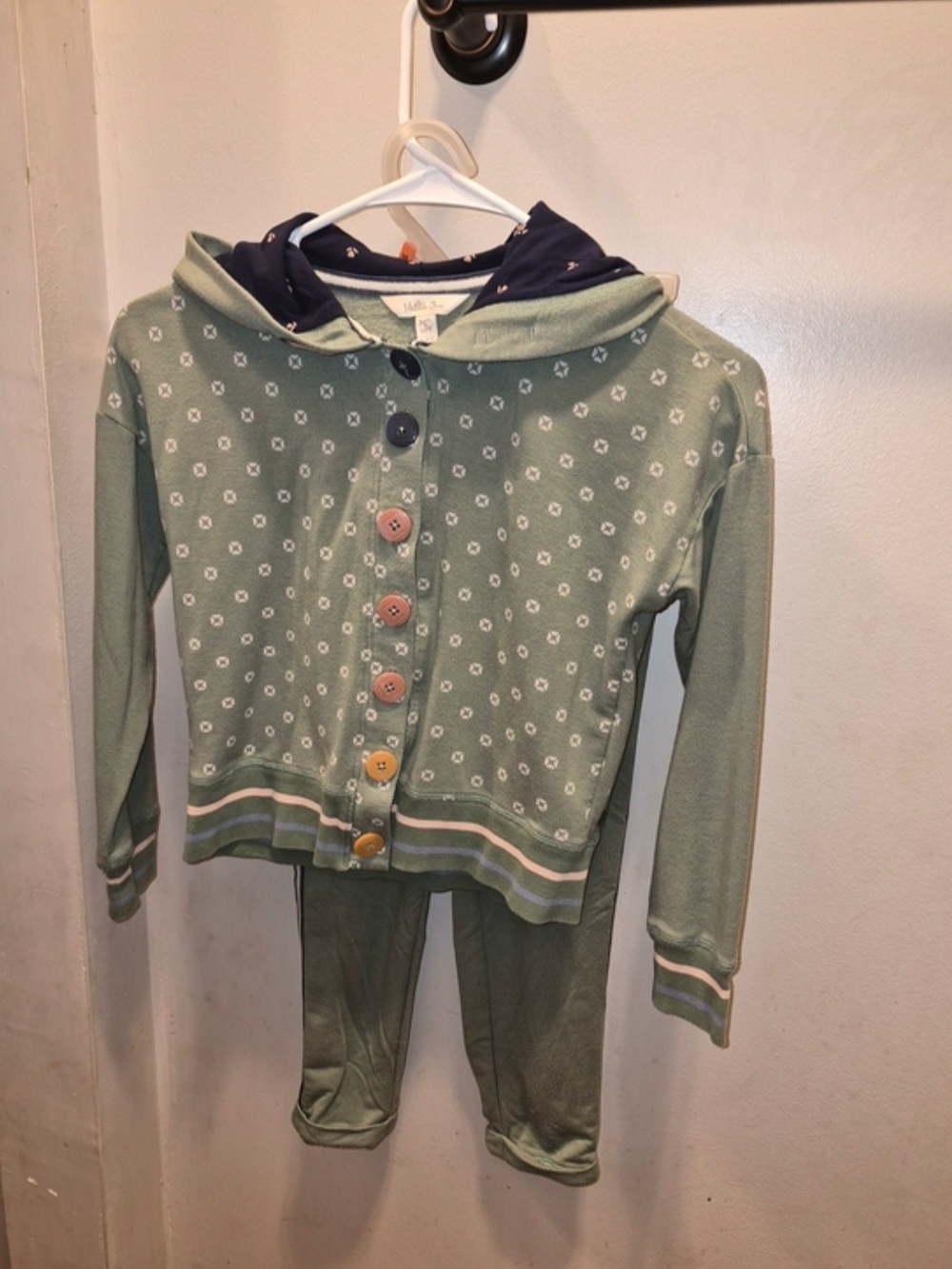 Matilda Jane Sage Green Hooded Cardigan Set with Navy Hood